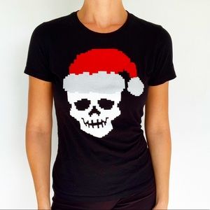 Skeleton Santa hat black red Christmas tee size small